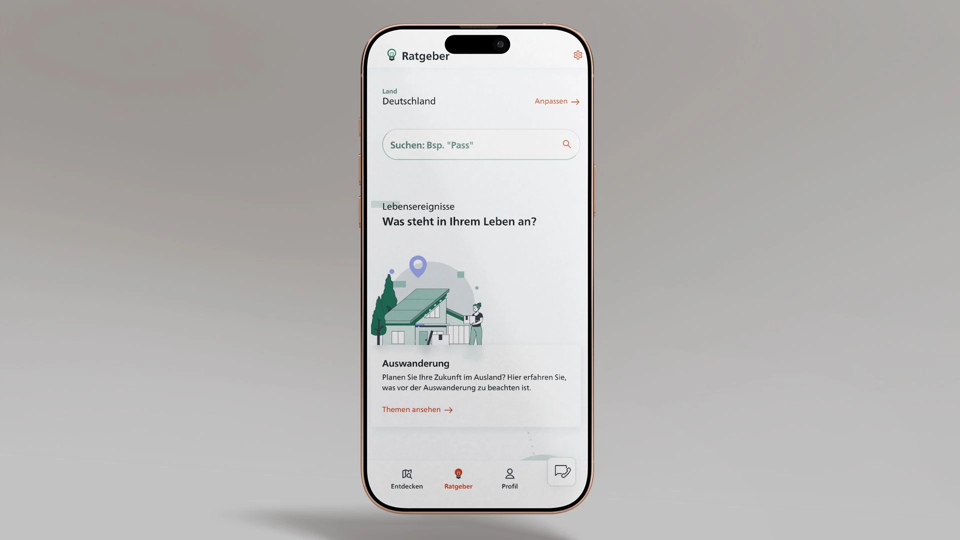 Das Bild zeigt ein Smartphone, auf dem die SwissInTouch App geöffnet ist, auf der Funktionalität «Ratgeber».