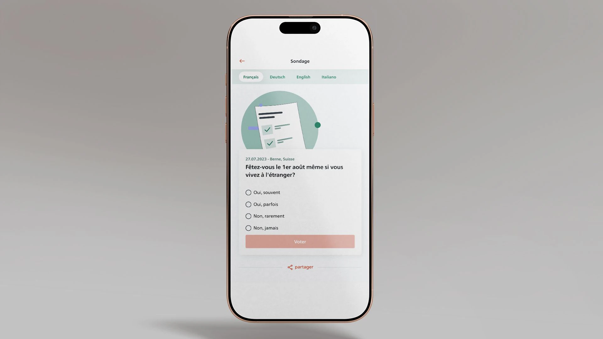 L’image montre un écran de smartphone affichant la fonction de sondage de l’application SwissInTouch.